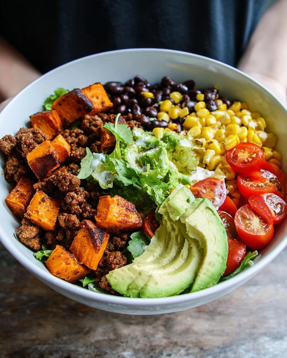 A vibrant Sweet Potato Taco Bowl filled with seasoned ground meat, roasted sweet potato cubes, black beans, corn, cherry tomatoes, and avocado.