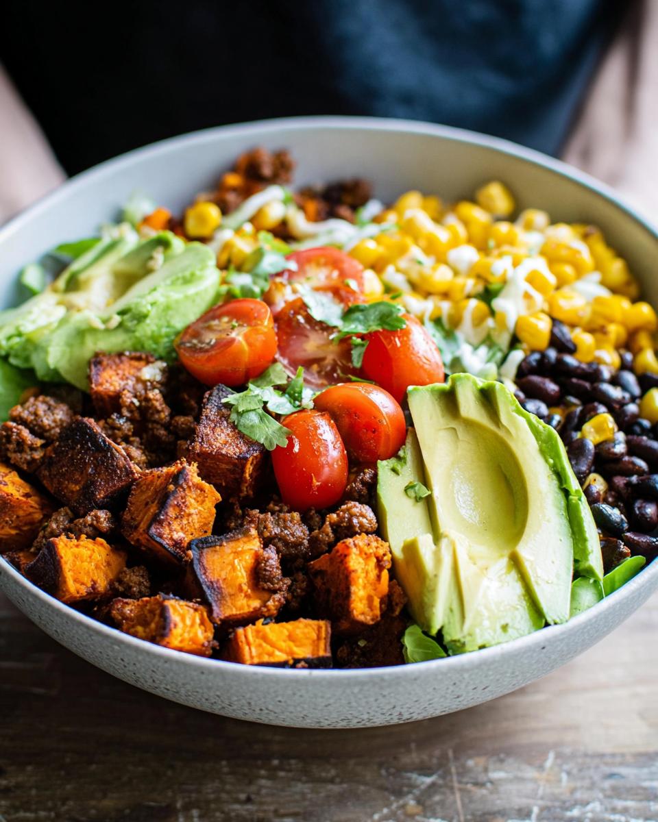 A vibrant Sweet Potato Taco Bowl filled with seasoned ground meat, roasted sweet potatoes, black beans, corn, tomatoes, and avocado.