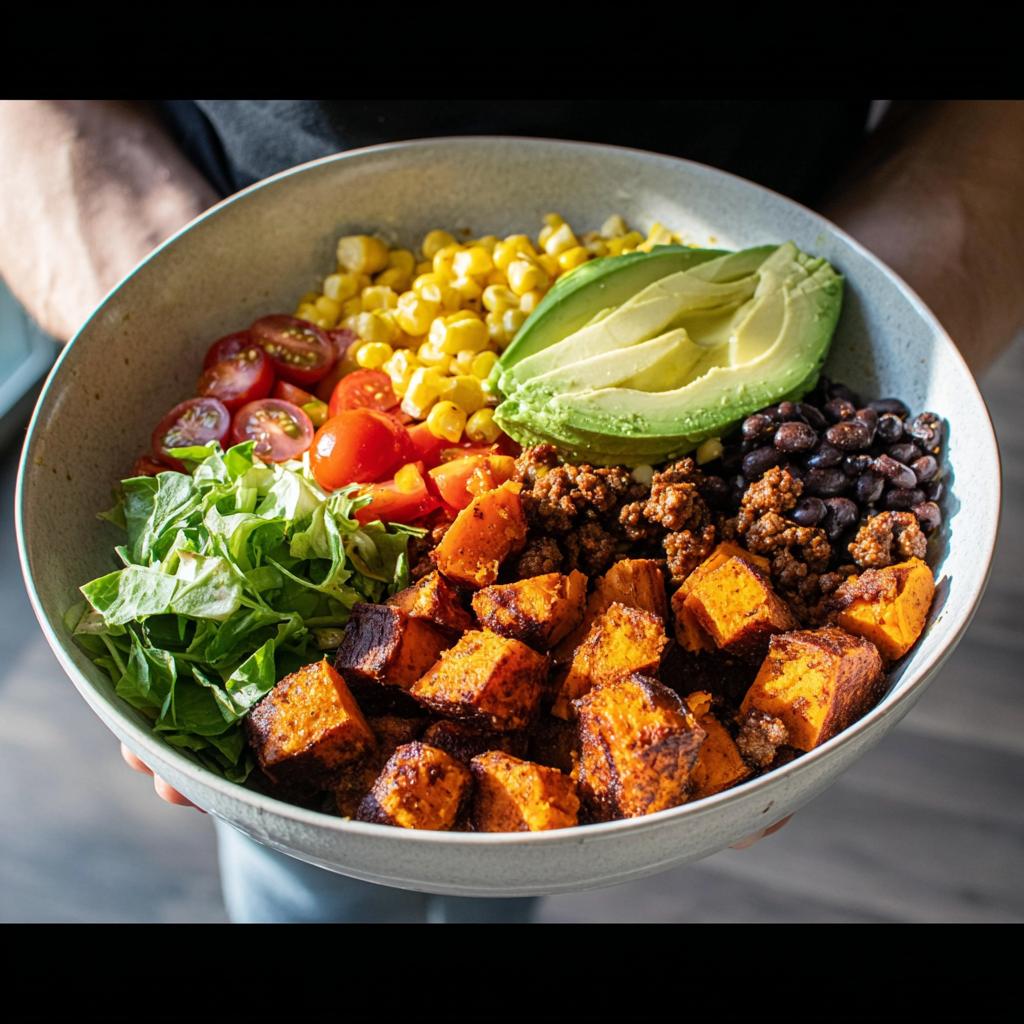 A vibrant Sweet Potato Taco Bowl filled with seasoned sweet potato cubes, black beans, corn, tomatoes, lettuce, and avocado.
