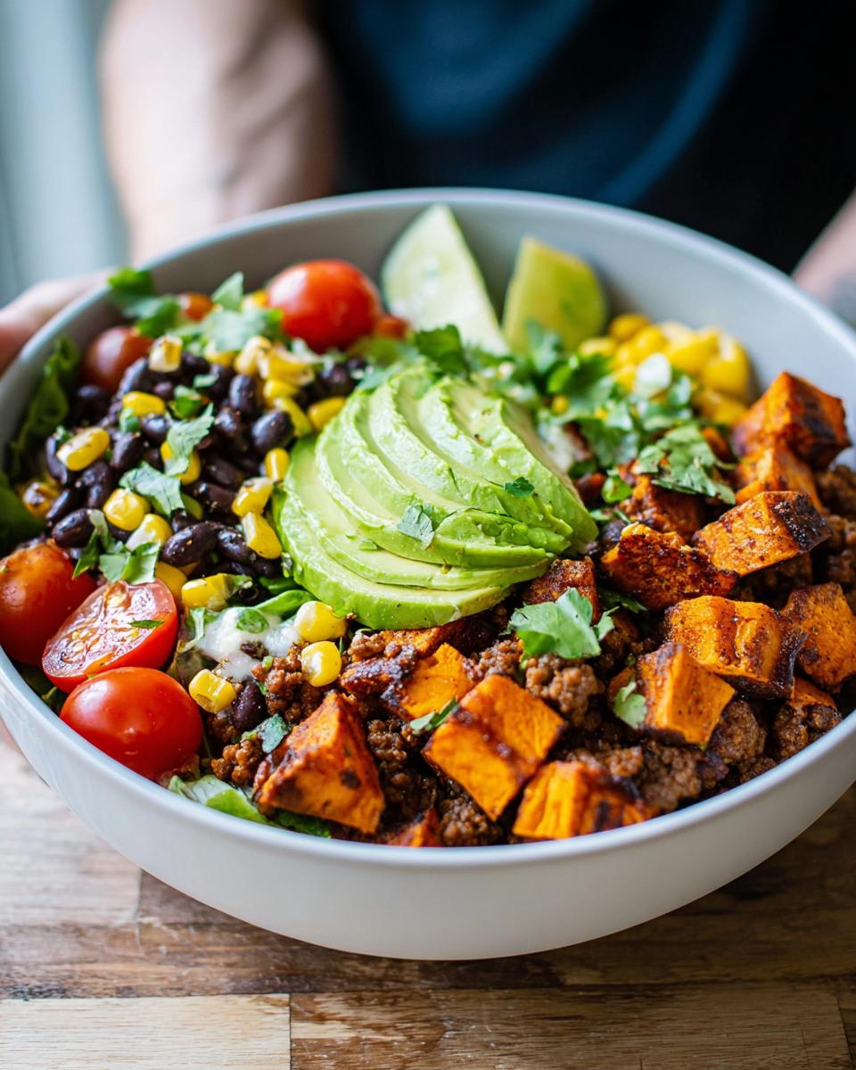 A vibrant Sweet Potato Taco Bowl filled with seasoned ground meat, roasted sweet potatoes, black beans, corn, avocado, and tomatoes.