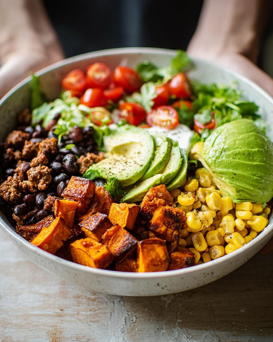 A vibrant Sweet Potato Taco Bowl filled with roasted sweet potatoes, black beans, corn, avocado, tomatoes, and ground meat.