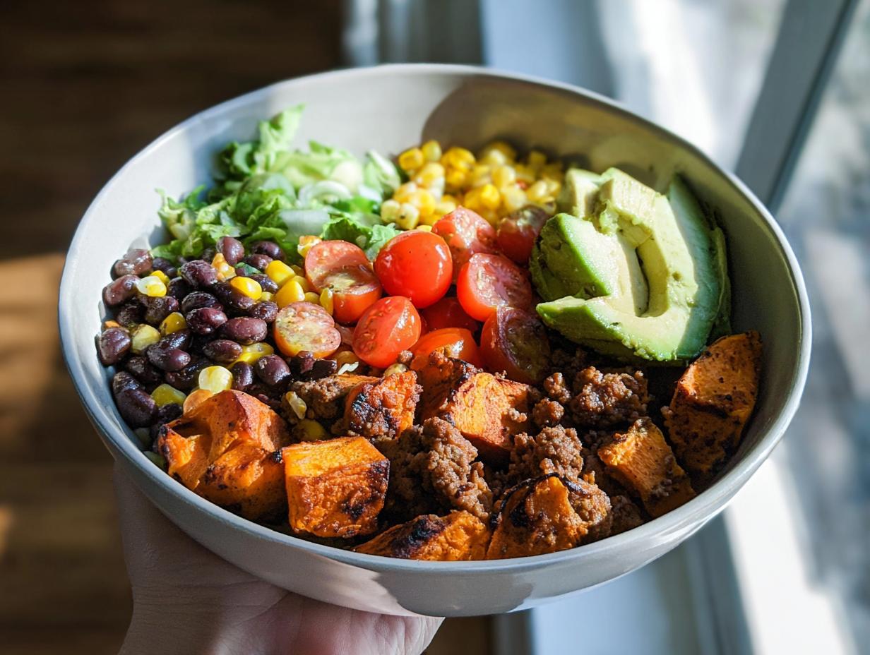 A vibrant Sweet Potato Taco Bowl filled with roasted sweet potatoes, seasoned ground meat, black beans, corn, tomatoes, avocado, and lettuce.