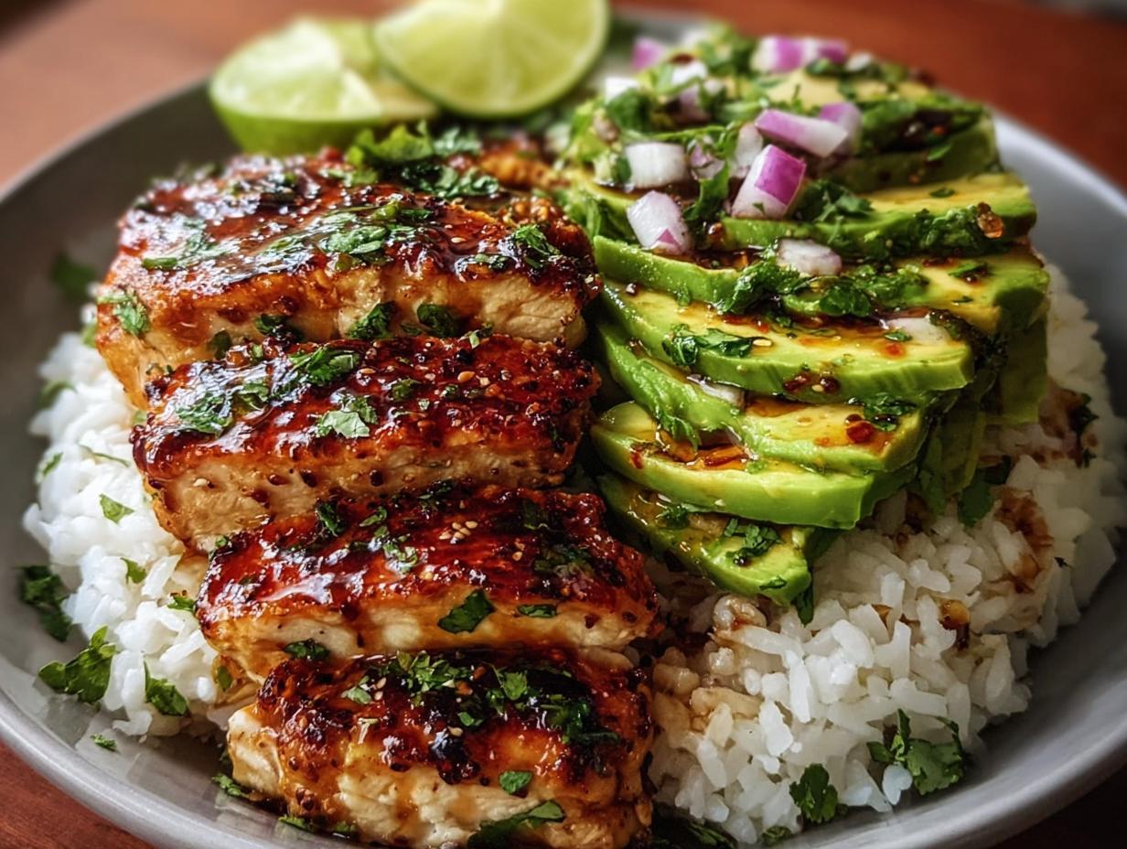 A close-up of Tangy Honey Lime Chicken Delight served over white rice with sliced avocado and lime wedges.