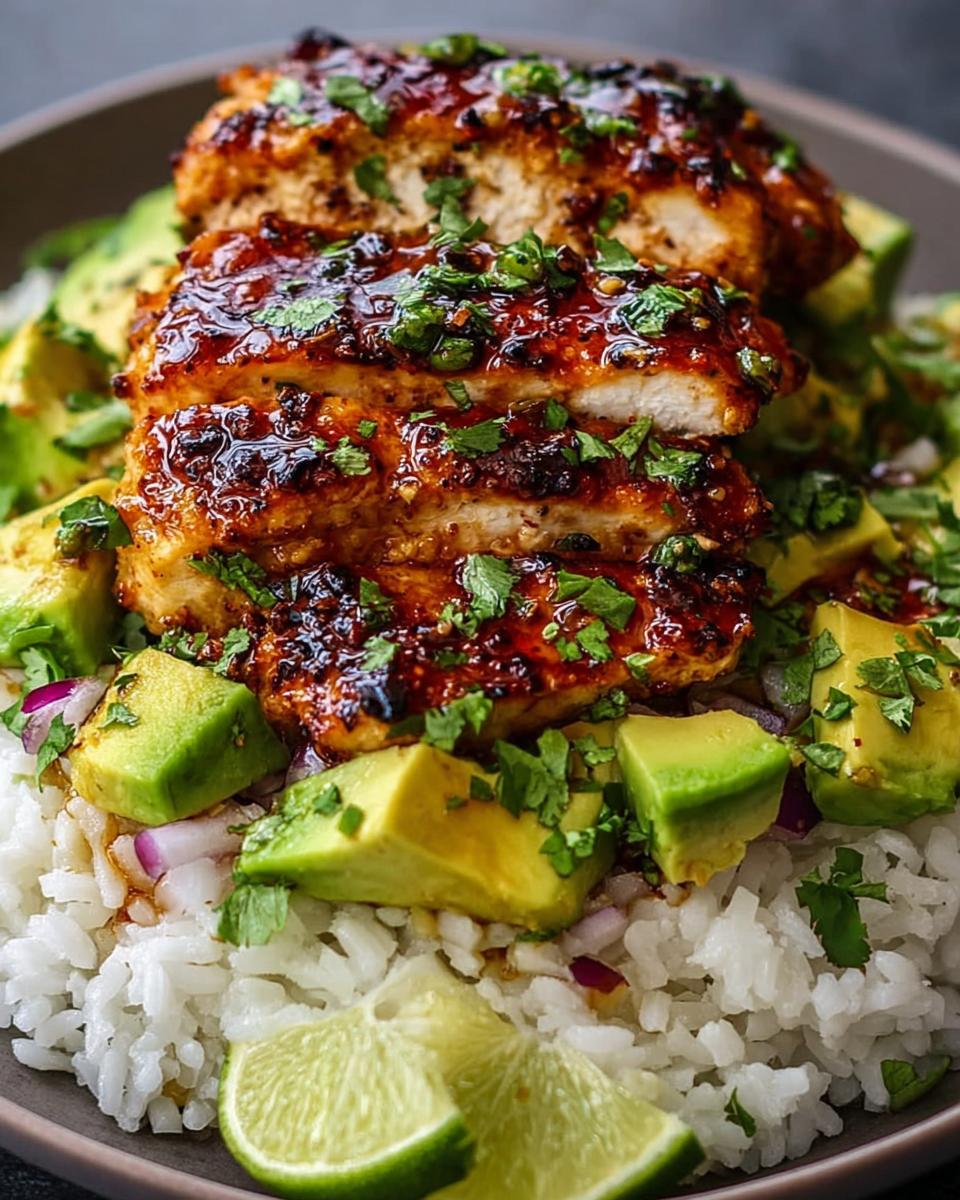 Close-up of sliced Tangy Honey Lime Chicken Delight served over white rice with diced avocado, red onion, and lime wedges.