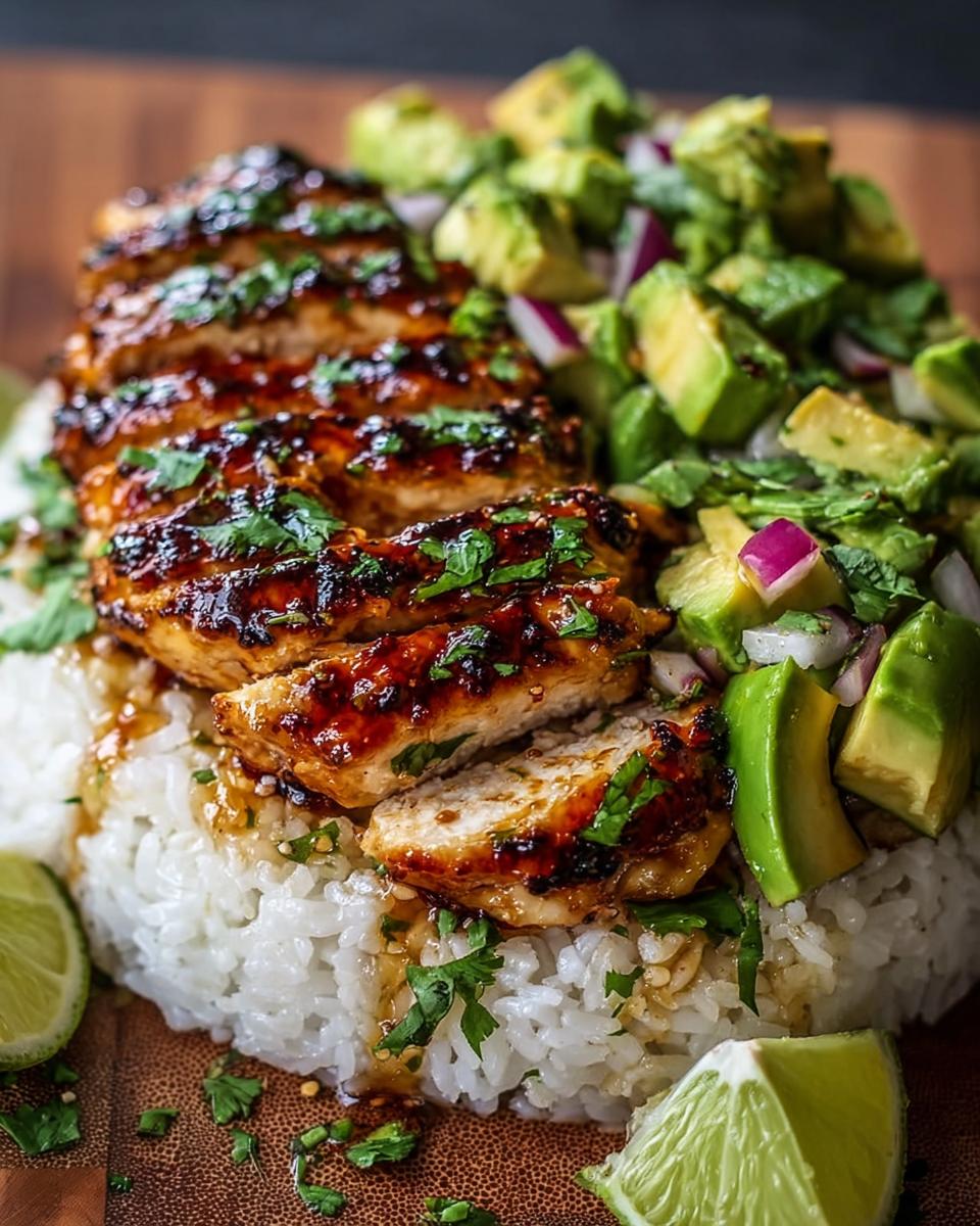 Sliced Tangy Honey Lime Chicken Delight served over white rice with a fresh avocado and red onion salsa.