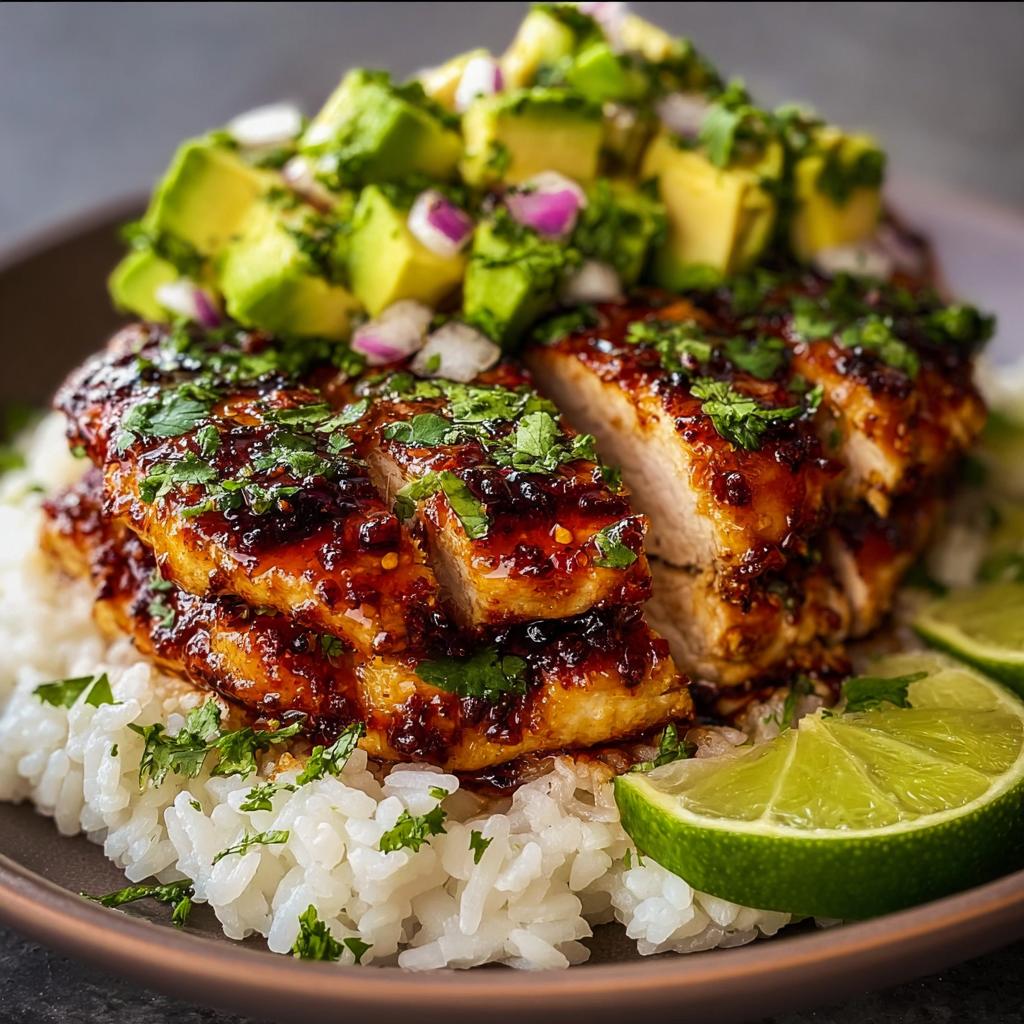 A delicious serving of Tangy Honey Lime Chicken Delight, sliced and served over white rice, topped with avocado salsa and lime wedges.