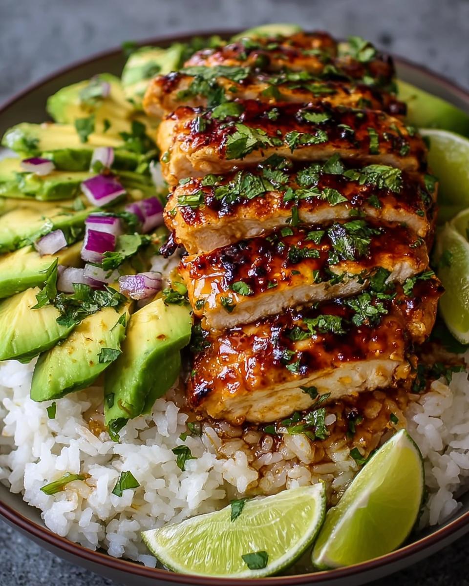 A close-up of Tangy Honey Lime Chicken Delight served over rice with sliced avocado, red onion, and lime wedges.