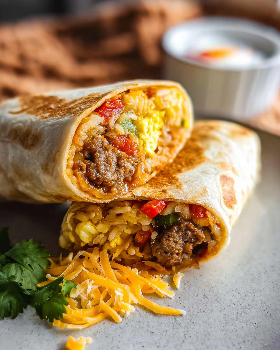 Close-up of two halves of a tasty freezer breakfast burrito, filled with sausage, scrambled eggs, rice, and peppers.