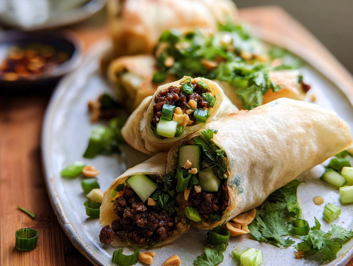 Close-up of golden brown Thai Basil Beef Rolls filled with seasoned ground beef, cucumber, and herbs, garnished with peanuts and green onions.
