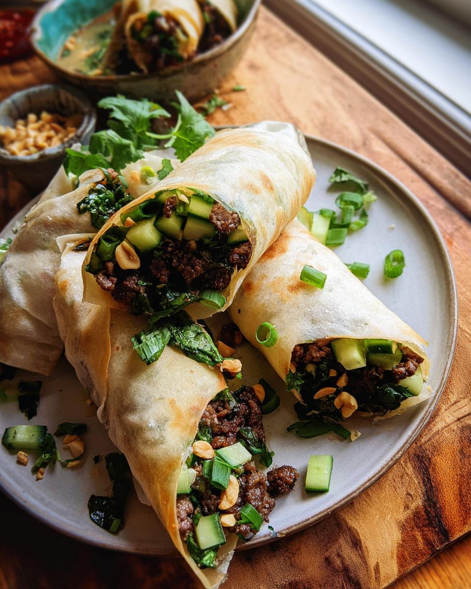 Close-up of three Thai Basil Beef Rolls filled with seasoned ground beef, fresh cucumber, and chopped peanuts, garnished with green onions.