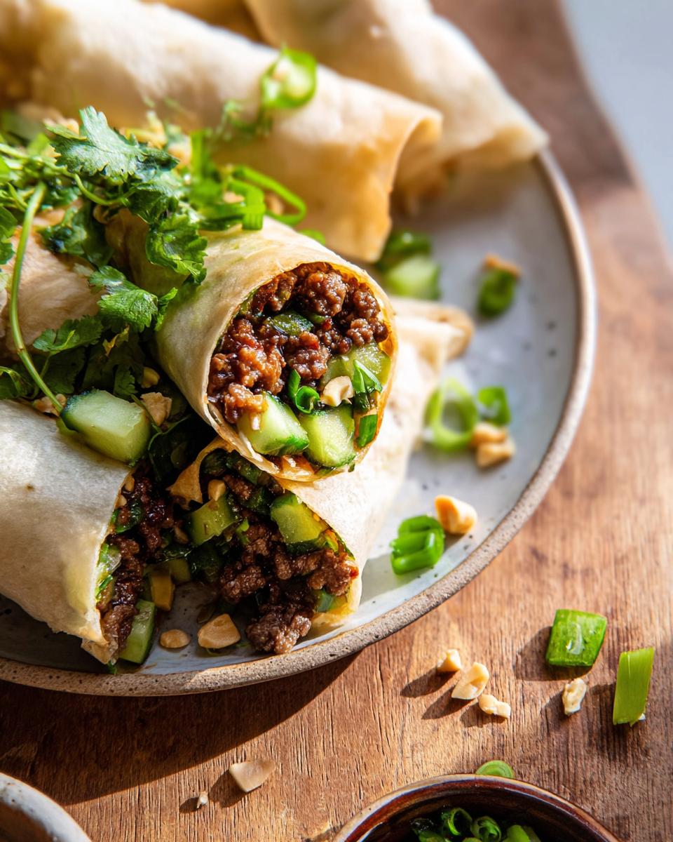 Close-up of Thai Basil Beef Rolls filled with seasoned ground beef, cucumber, and green onions, garnished with cilantro.
