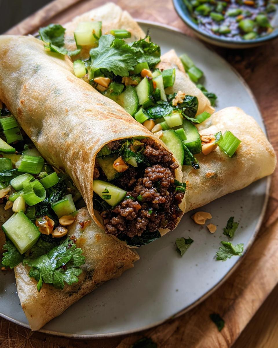Close-up of delicious Thai Basil Beef Rolls filled with seasoned ground beef, cucumber, and herbs, topped with chopped peanuts and green onions.