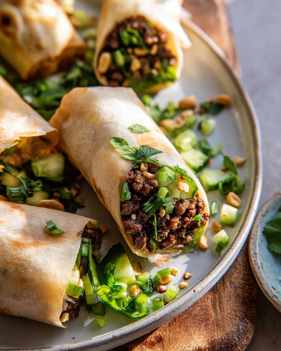 Close-up of Thai Basil Beef Rolls filled with seasoned ground beef, cucumber, and herbs, served on a plate.