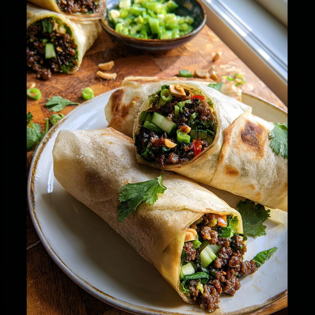 Close-up of freshly made Thai Basil Beef Rolls filled with seasoned ground beef, fresh herbs, and vegetables.