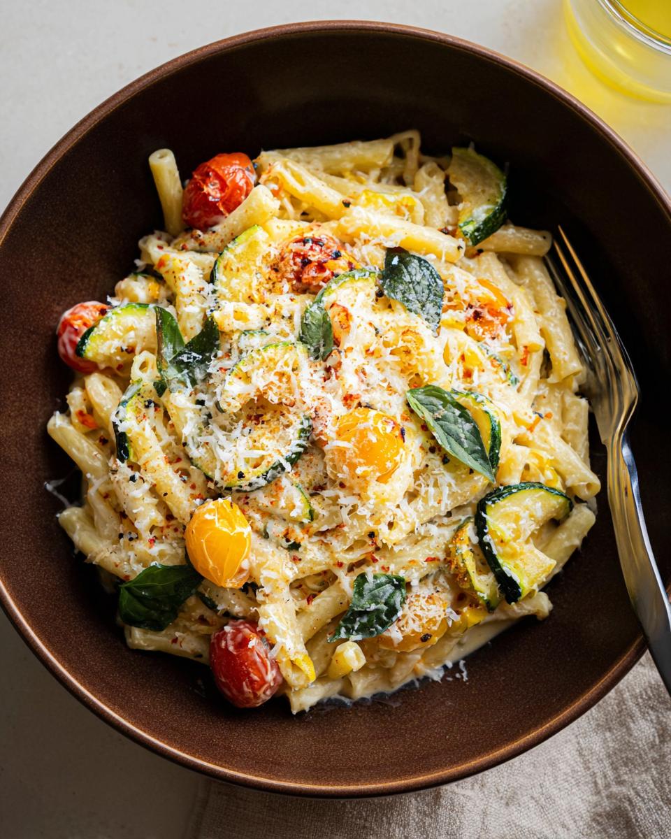 A close-up overhead view of a bowl of Tomato Zucchini Pasta, featuring penne, cherry tomatoes, zucchini slices, and fresh basil.