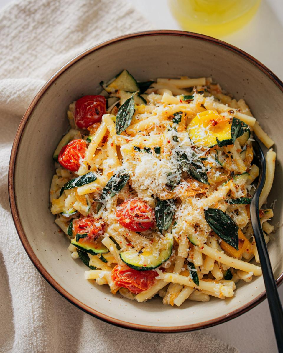 A close-up of a bowl filled with Tomato Zucchini Pasta, topped with grated cheese and fresh basil.