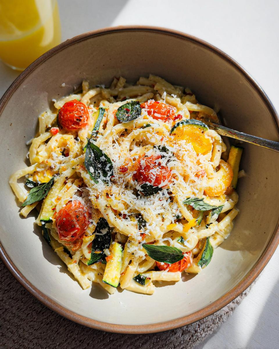 A close-up of a bowl of Tomato Zucchini Pasta, featuring pasta, cherry tomatoes, zucchini slices, and fresh basil, topped with grated cheese.