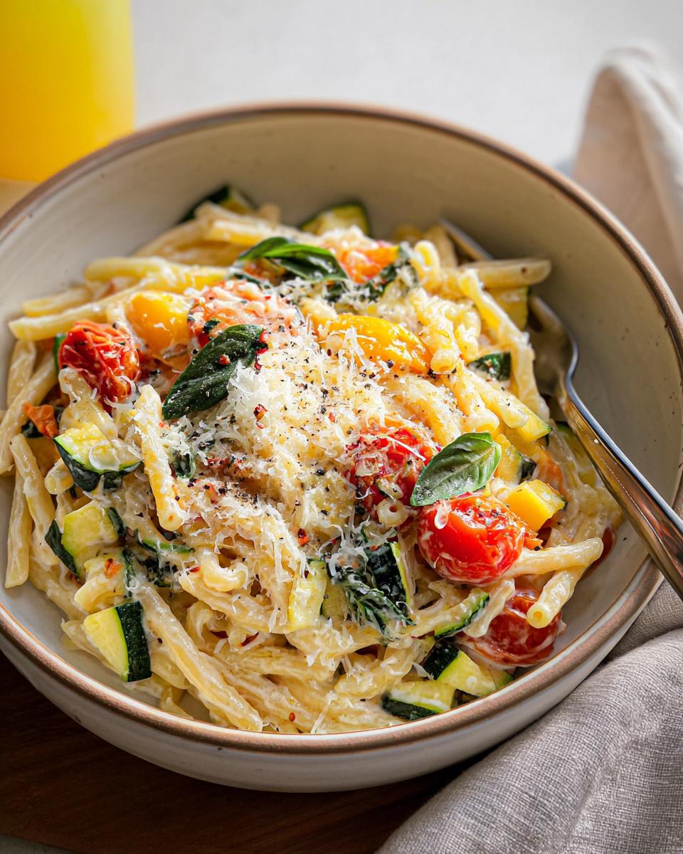 A close-up of a bowl of Tomato Zucchini Pasta, topped with grated cheese and basil.