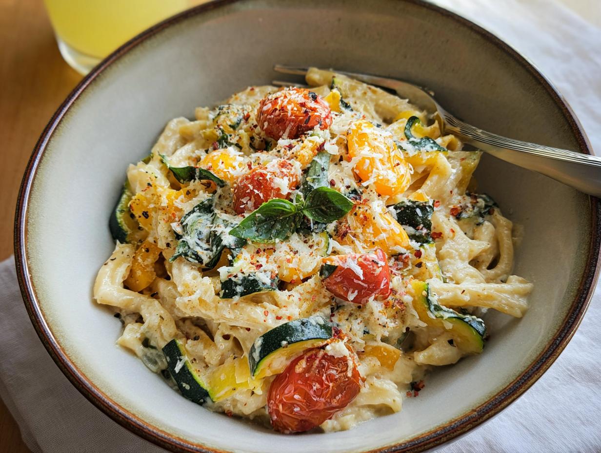 A close-up of a bowl of creamy Tomato Zucchini Pasta, topped with cherry tomatoes, zucchini slices, and grated cheese.