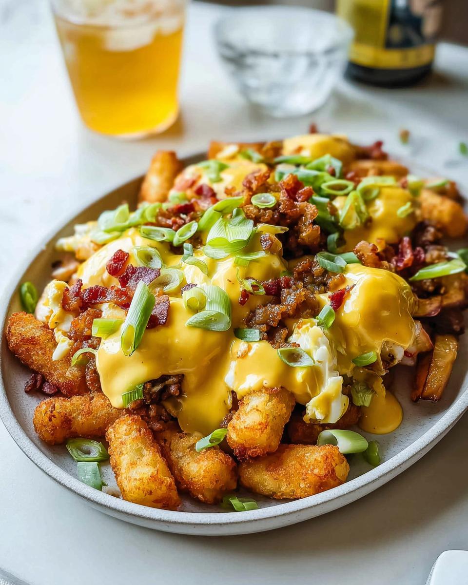 Close-up of Ultimate Breakfast Poutine with tater tots, scrambled eggs, bacon, and creamy hollandaise sauce.