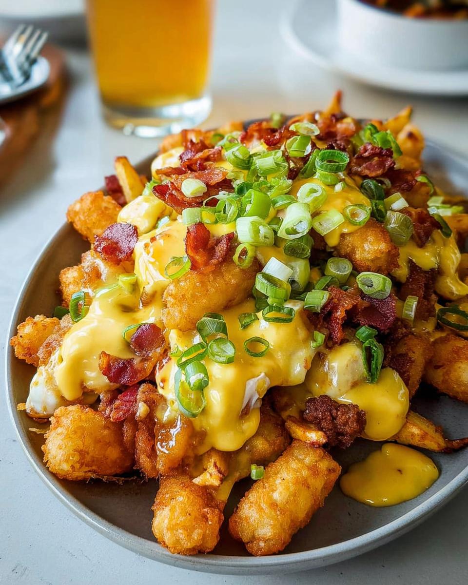 A plate of Ultimate Breakfast Poutine topped with creamy hollandaise sauce, crispy bacon, and chopped green onions.