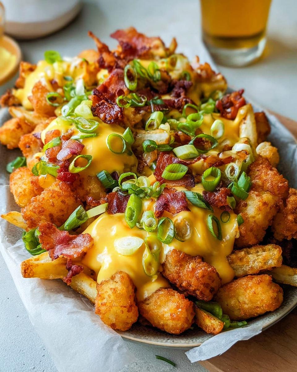 A plate of Ultimate Breakfast Poutine topped with crispy bacon, green onions, and creamy hollandaise sauce.