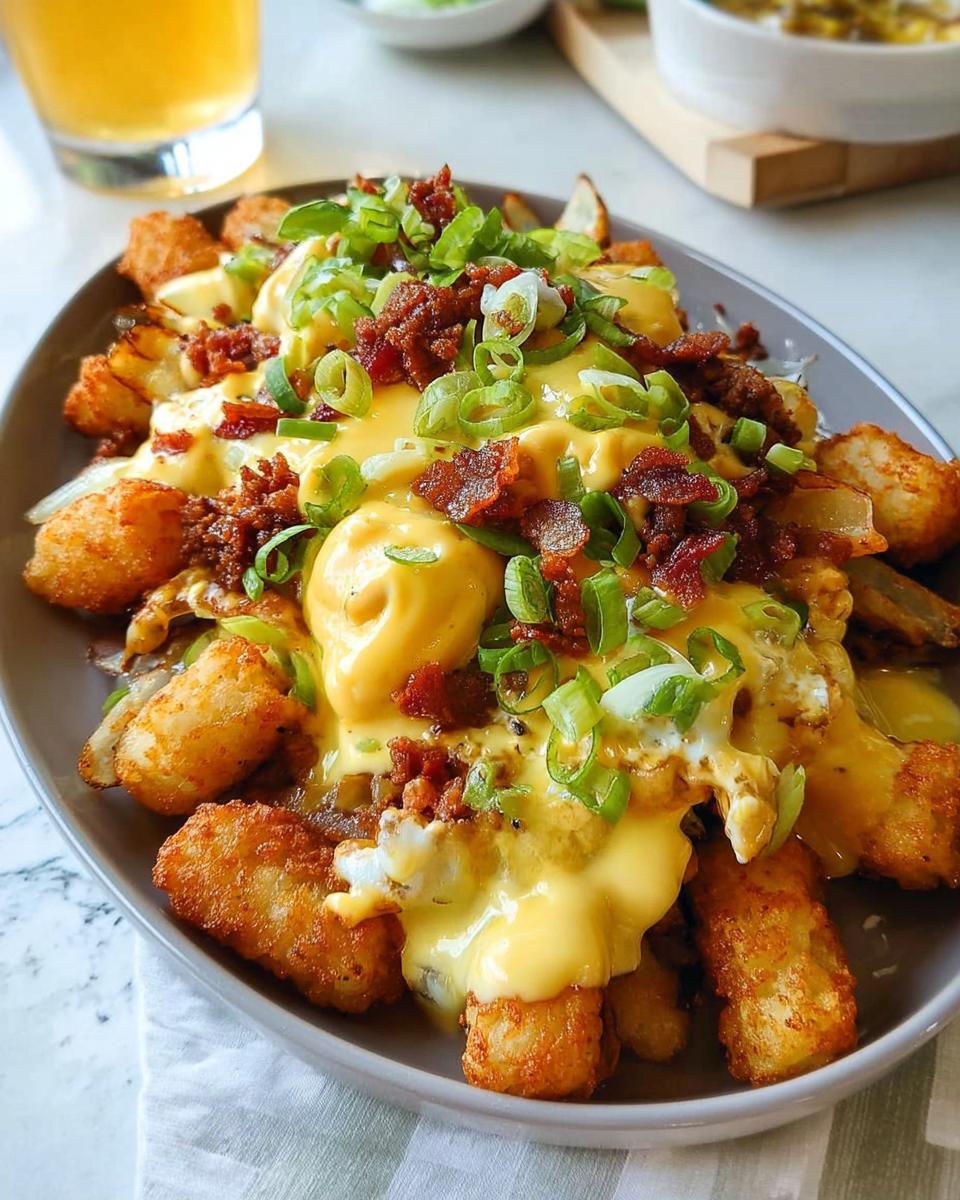 A close-up of Ultimate Breakfast Poutine topped with creamy hollandaise sauce, crispy bacon, and green onions.