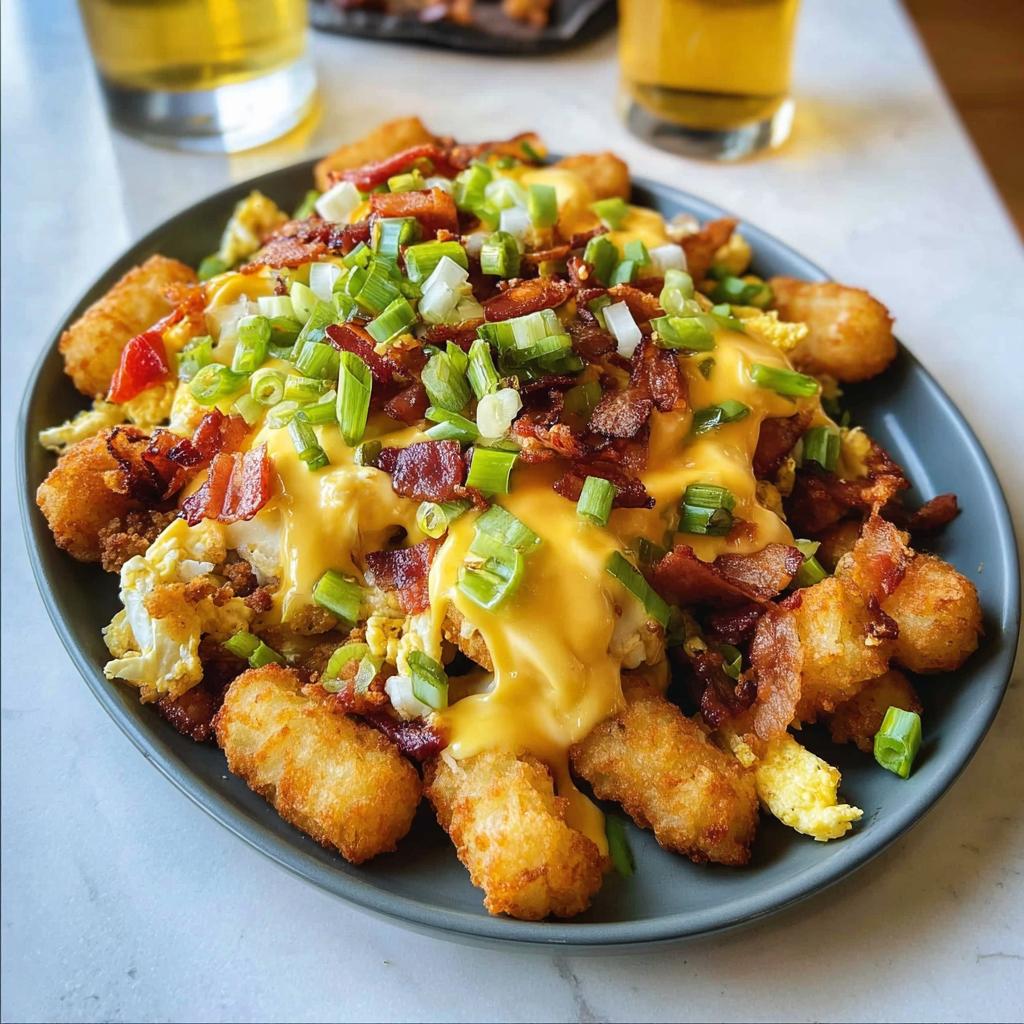 A plate of Ultimate Breakfast Poutine topped with crispy tater tots, scrambled eggs, bacon, cheese sauce, and green onions.