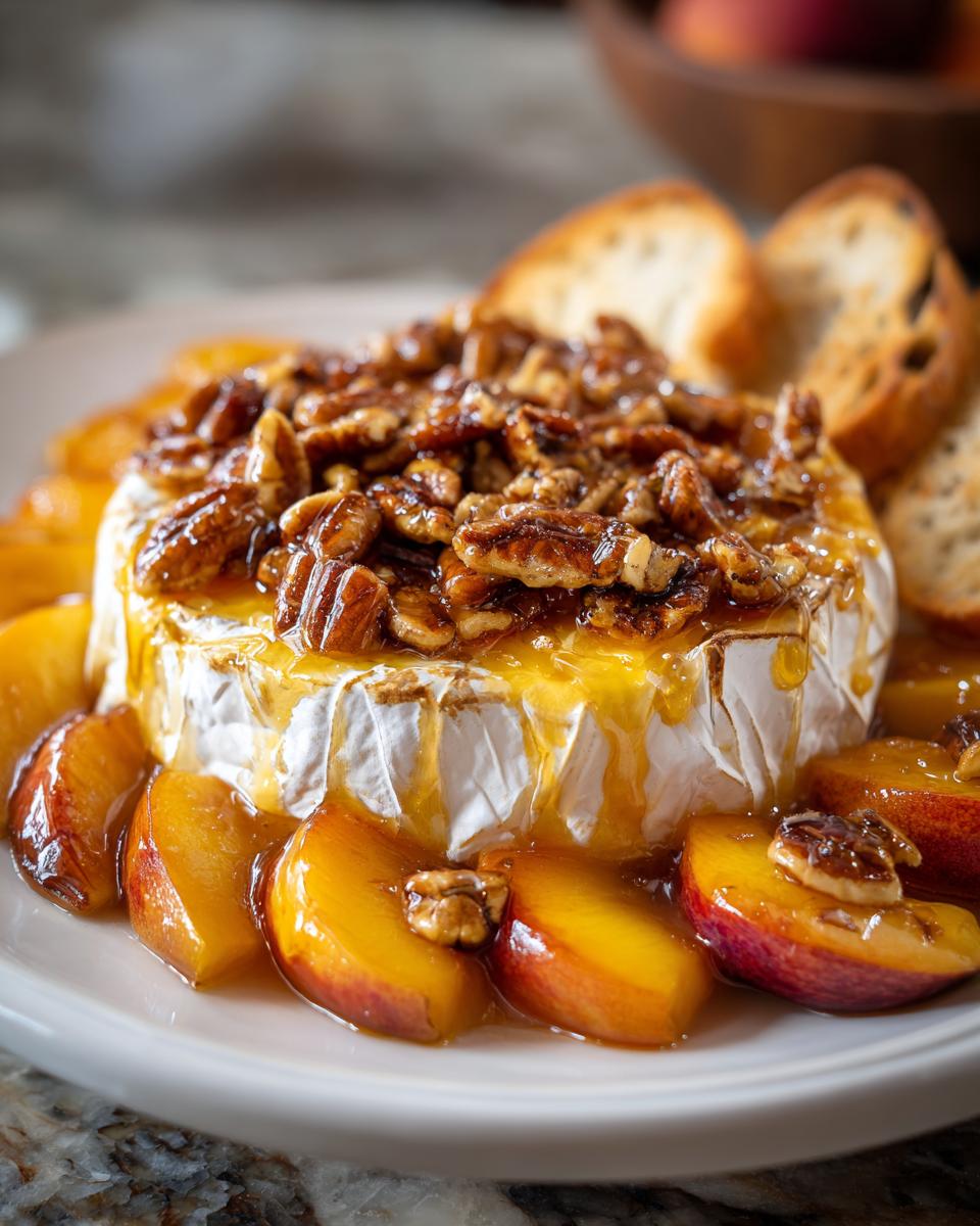 A wheel of baked brie topped with toasted pecans and drizzled with honey, surrounded by fresh peach slices and crostini.