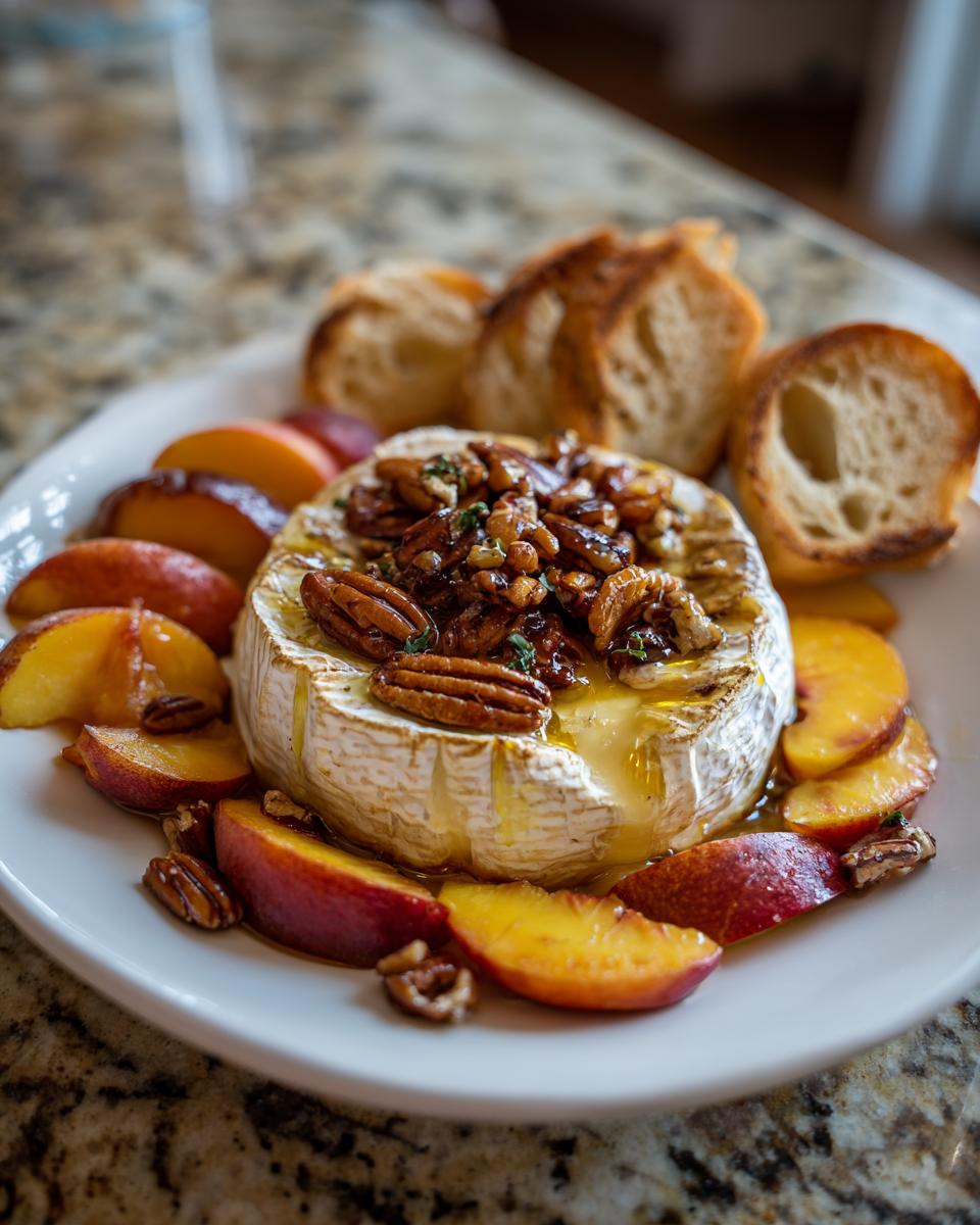 A wheel of baked brie topped with toasted pecans and herbs, surrounded by sliced peaches and baguette slices.