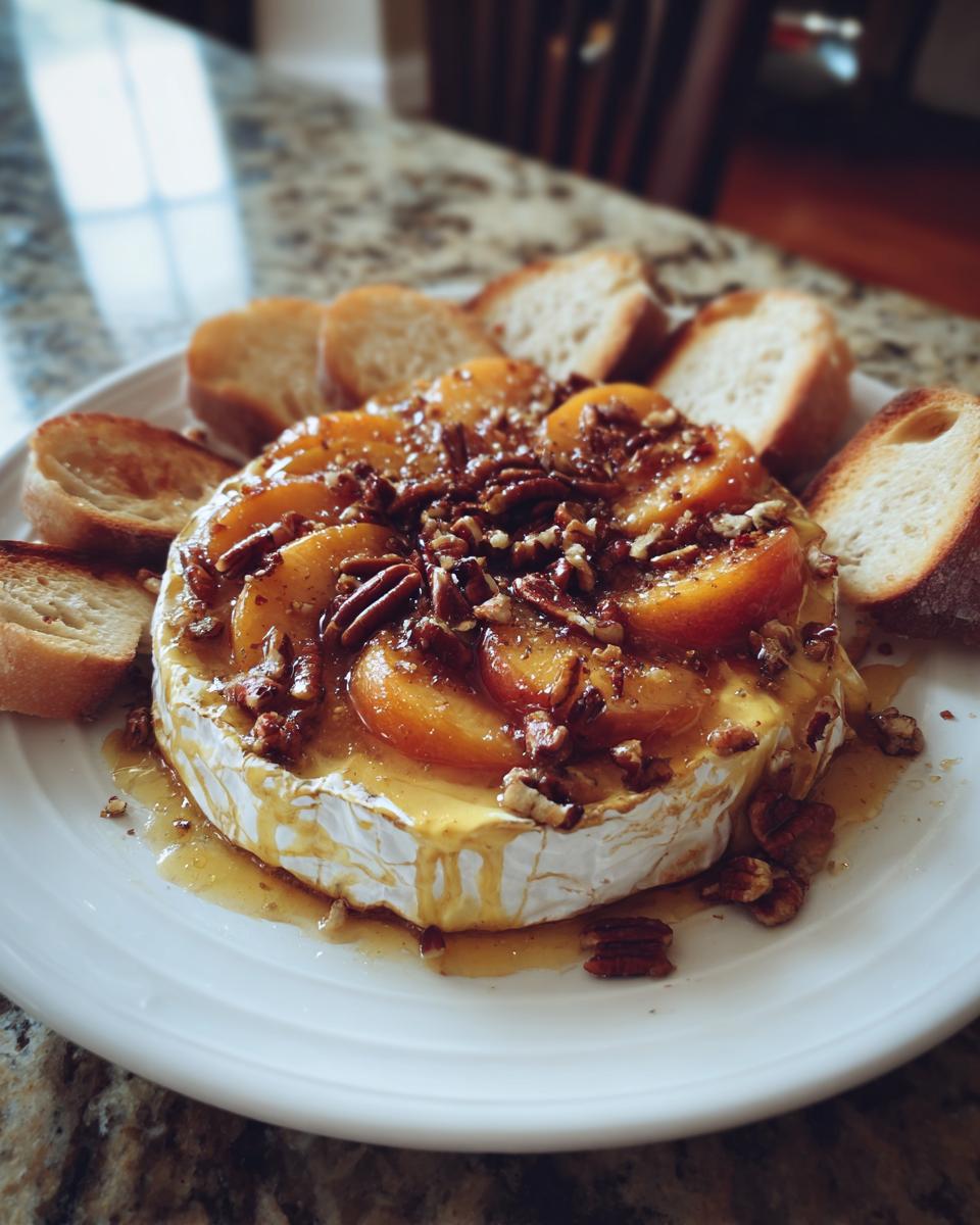 A wheel of baked brie topped with sliced peaches, toasted pecans, and drizzled with honey, served with toasted baguette slices.