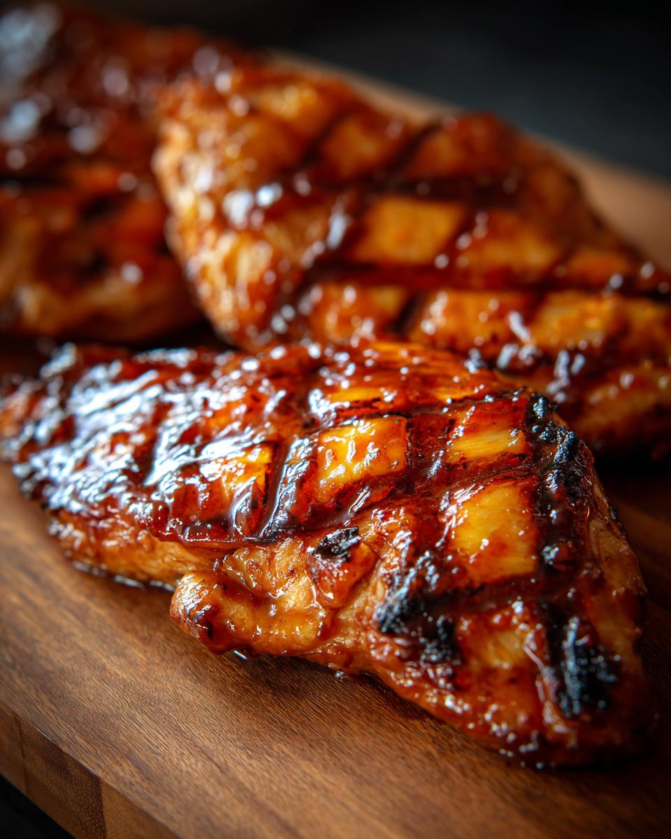 Close-up of juicy BBQ Pineapple Chicken breast with grill marks, glazed with a dark sauce, on a wooden cutting board.