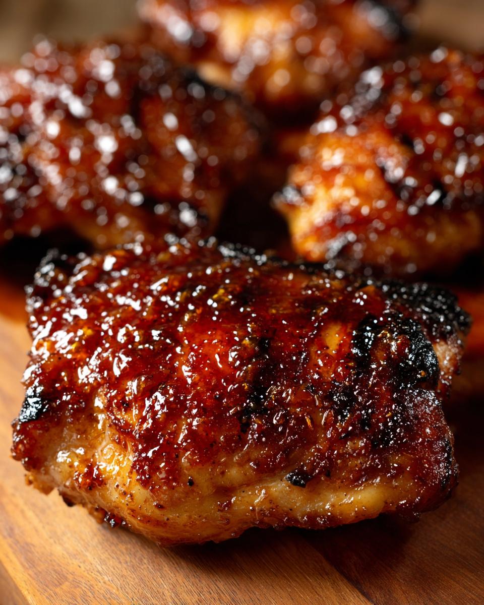 Close-up of juicy BBQ Pineapple Chicken thighs, glazed and grilled to perfection, on a wooden board.