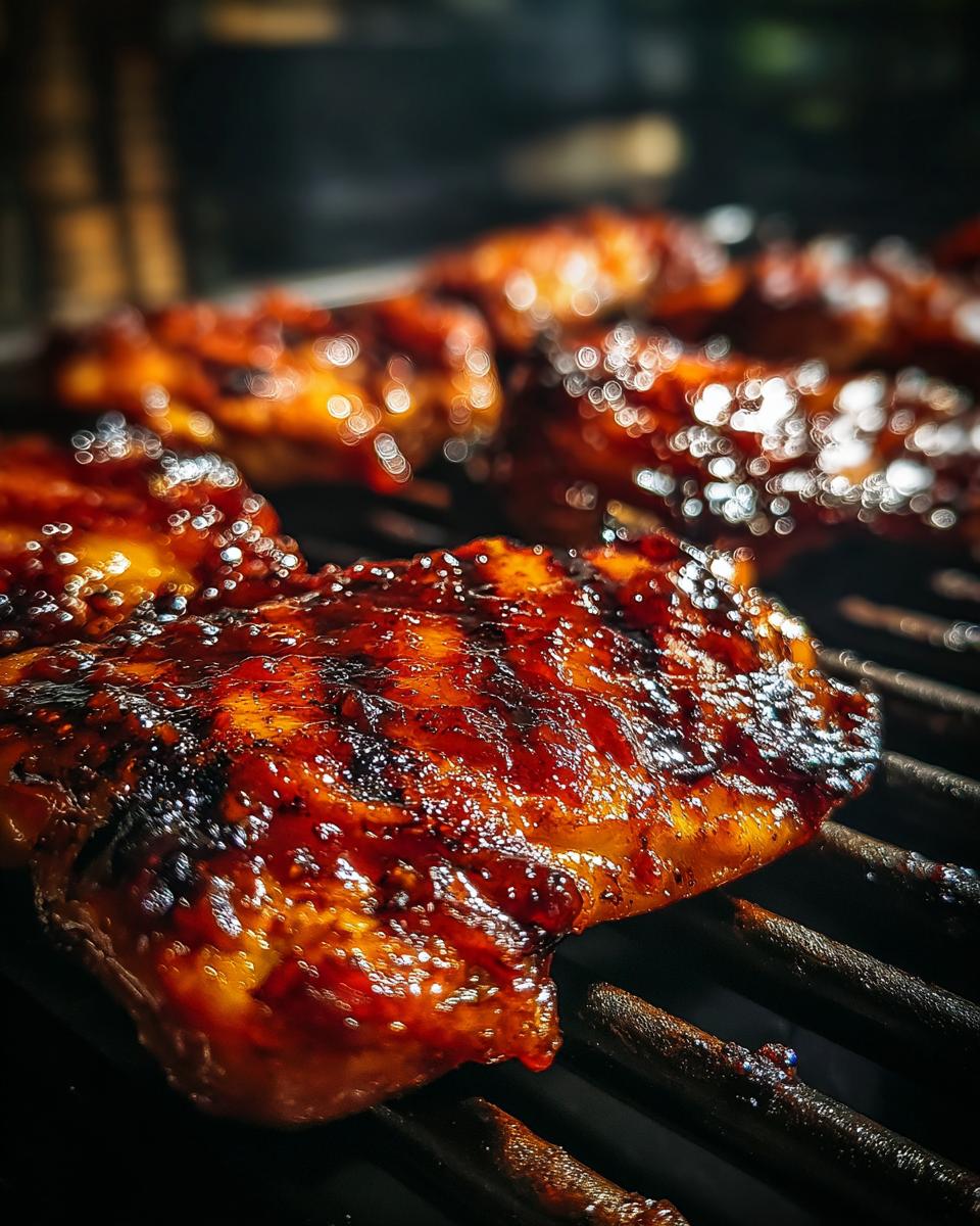 Close-up of juicy BBQ Pineapple Chicken pieces grilling on an outdoor grill, glistening with sauce.
