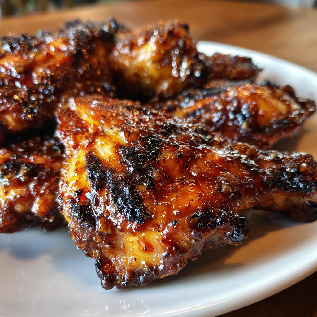 Close-up of perfectly grilled BBQ pineapple chicken wings with a glossy glaze and char marks.