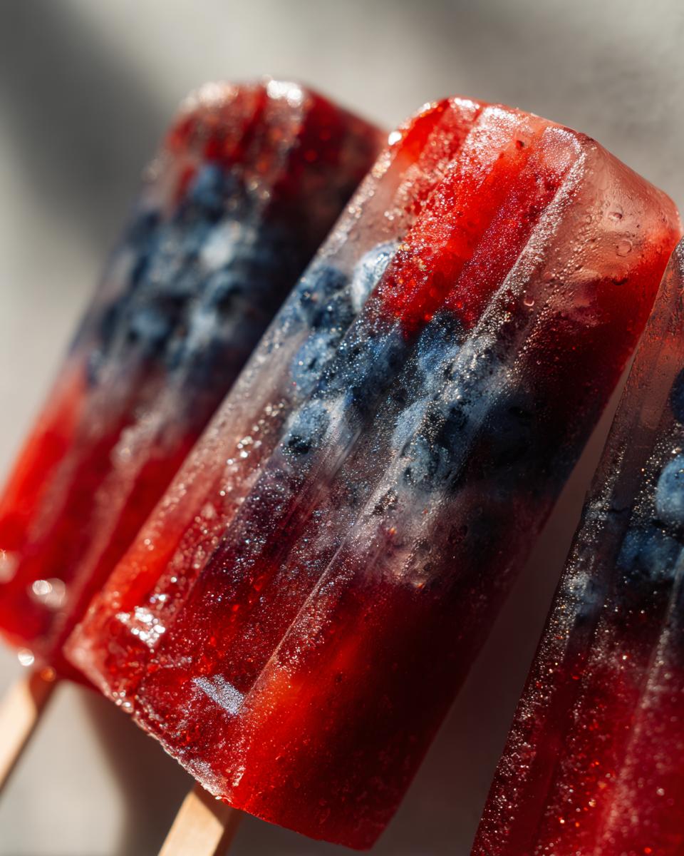 Close-up of red and blue berry popsicles, perfect for Fourth of July desserts.