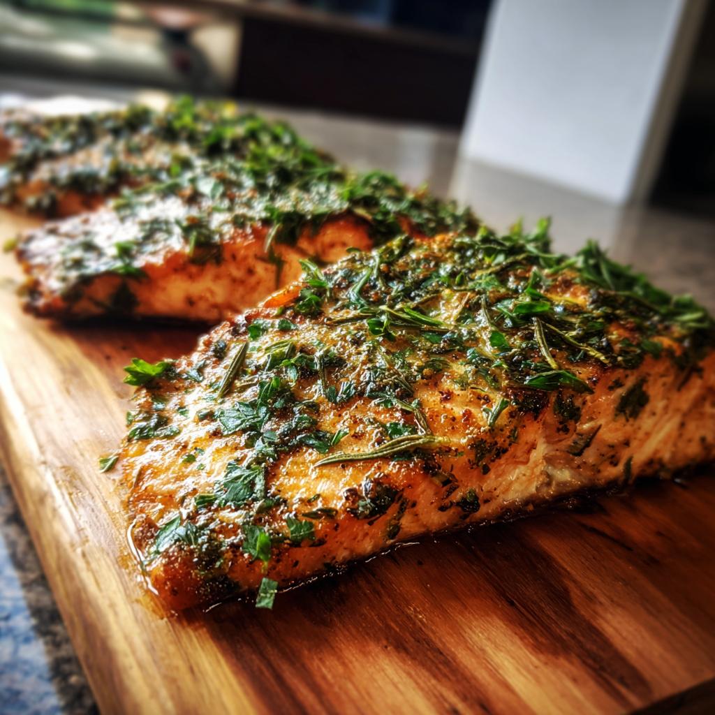 Close-up of three perfectly grilled cedar plank salmon fillets, generously seasoned with fresh herbs.