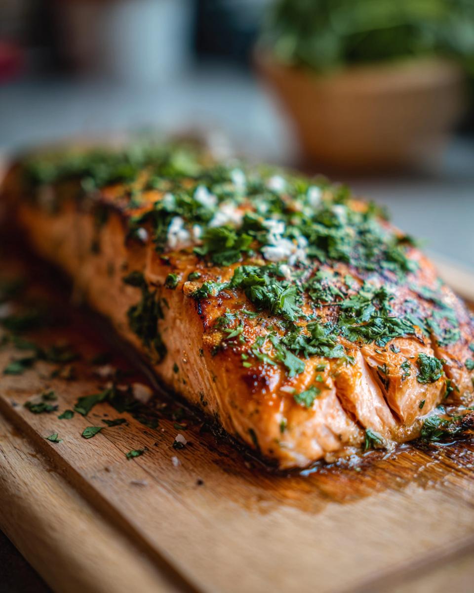 A beautifully grilled cedar plank salmon fillet topped with fresh herbs and garlic.