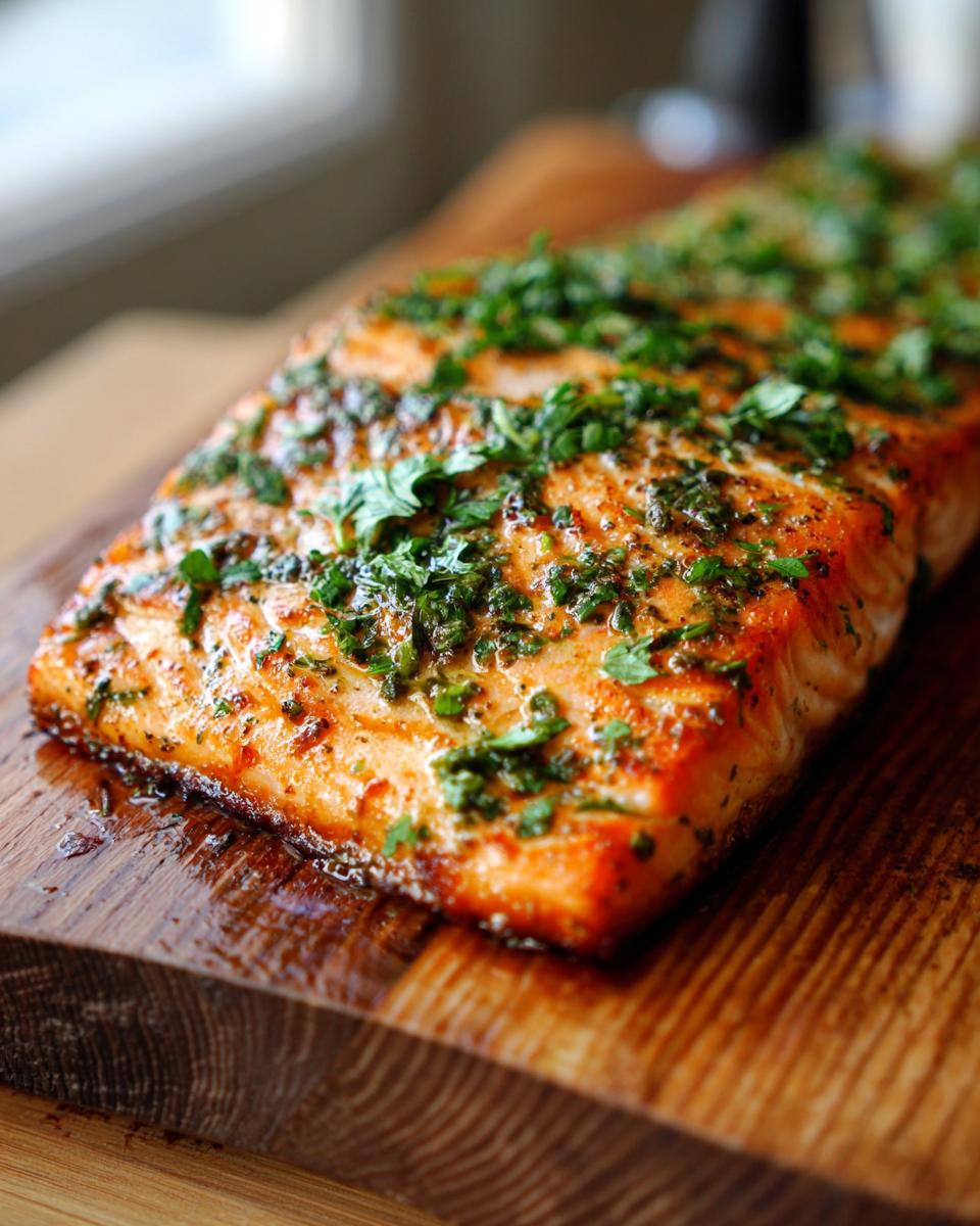 Close-up of a beautifully grilled cedar plank salmon fillet topped with fresh herbs.