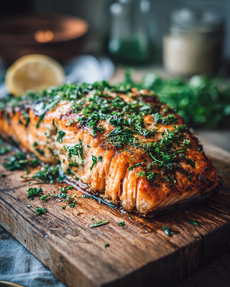 A beautifully grilled cedar plank salmon fillet generously topped with fresh herbs, resting on a wooden board.