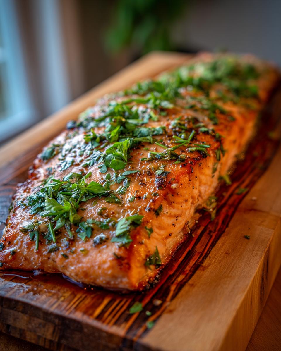 A beautifully grilled cedar plank salmon fillet, generously topped with fresh herbs, ready to serve.