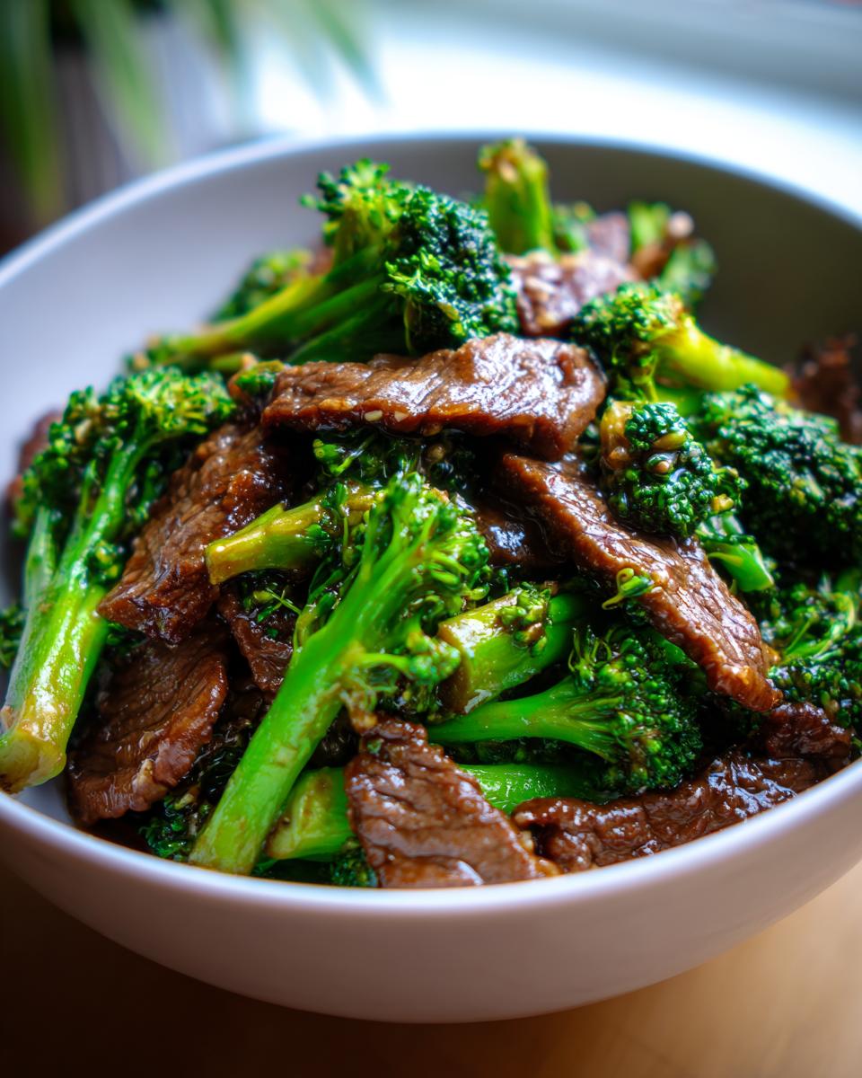 Close-up of a white bowl filled with tender slices of Chinese Beef and Broccoli, glistening with sauce.