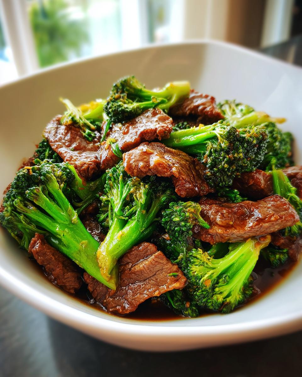 A close-up of tender slices of Chinese Beef and Broccoli in a savory sauce, served in a white bowl.