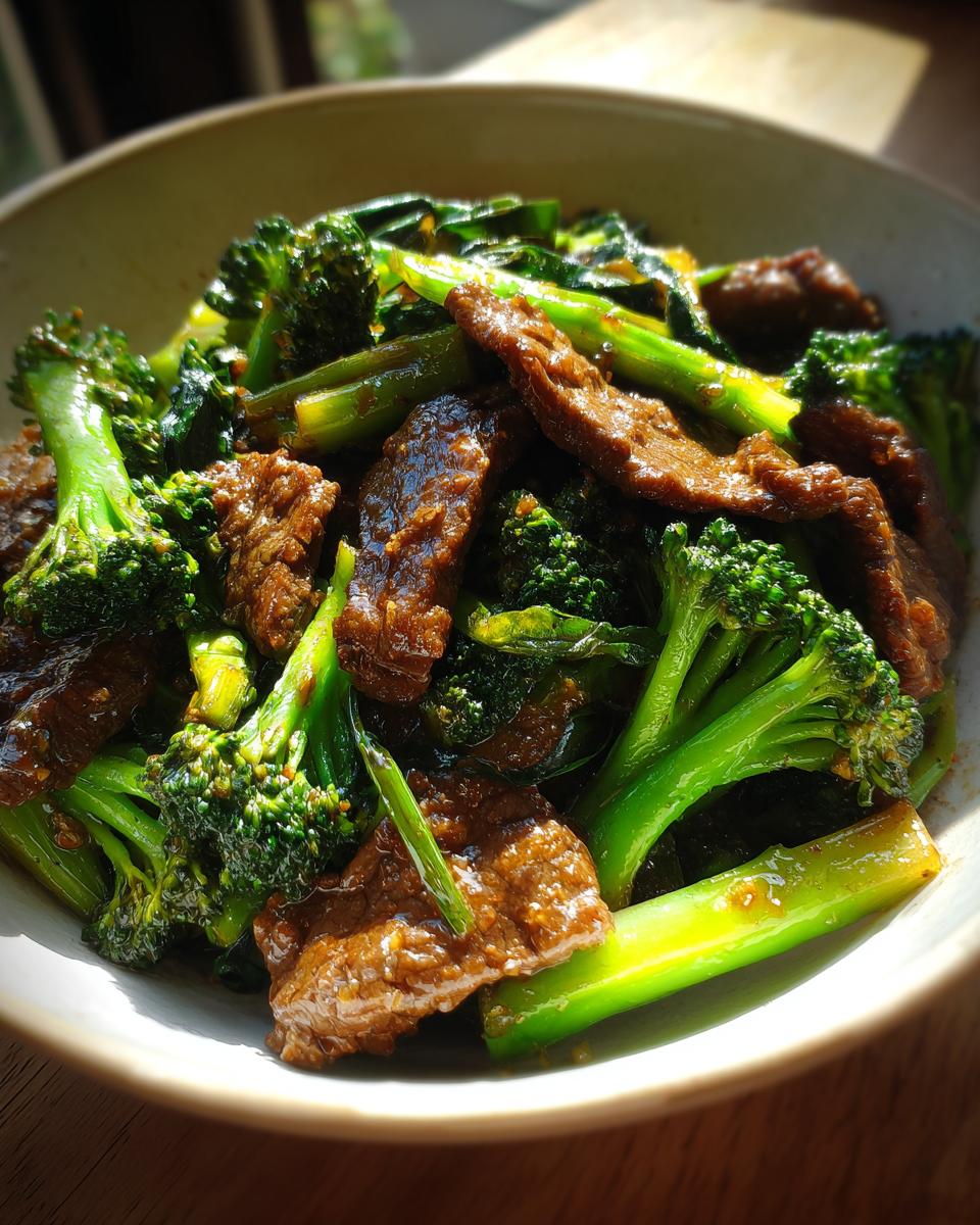 Close-up of a bowl of Chinese Beef and Broccoli, featuring tender beef slices and vibrant green broccoli florets in a savory sauce.