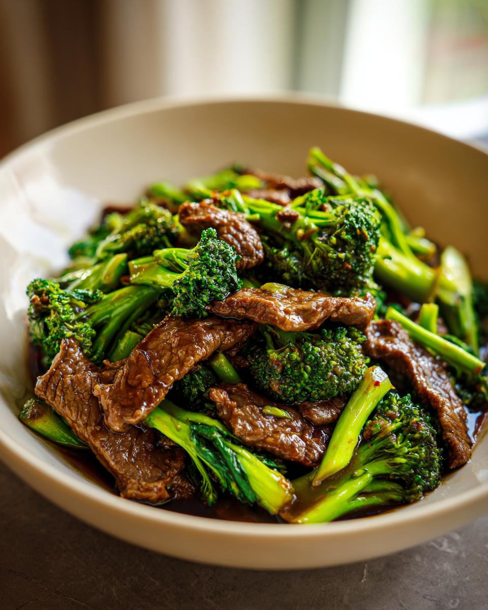 Close-up of a bowl filled with tender slices of Chinese beef and broccoli stir-fry in a glossy sauce.
