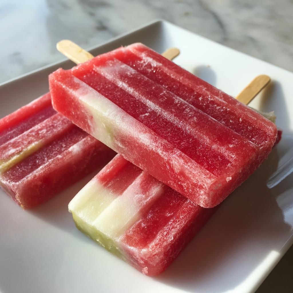 Three refreshing coconut lime watermelon popsicles stacked on a white plate, perfect for kids.