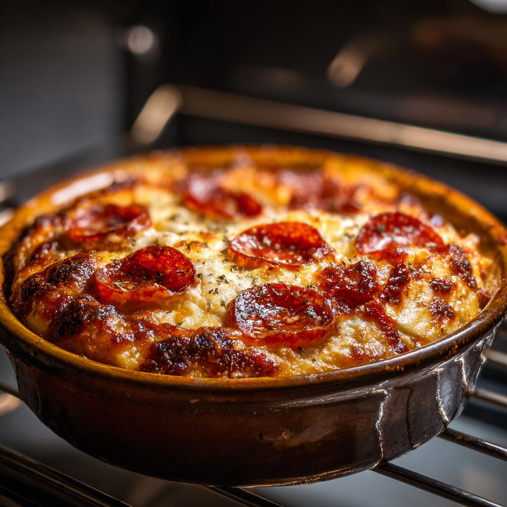 A golden-brown Cottage Cheese Pizza Bowl with melted cheese and pepperoni, baked to perfection in a rustic dish.