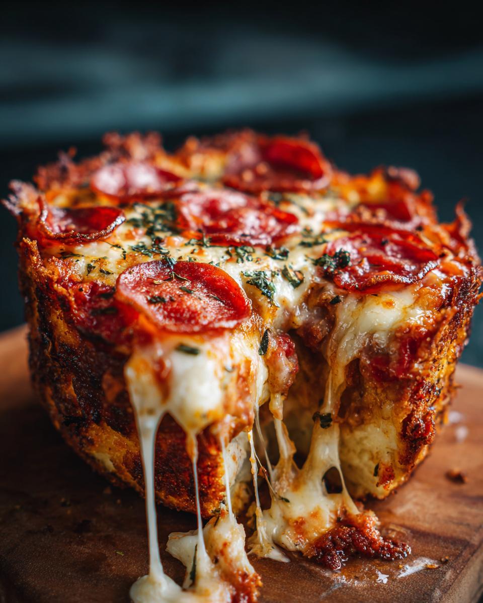 A close-up of a Cottage Cheese Pizza Bowl with melted mozzarella cheese dripping down the sides and pepperoni on top.