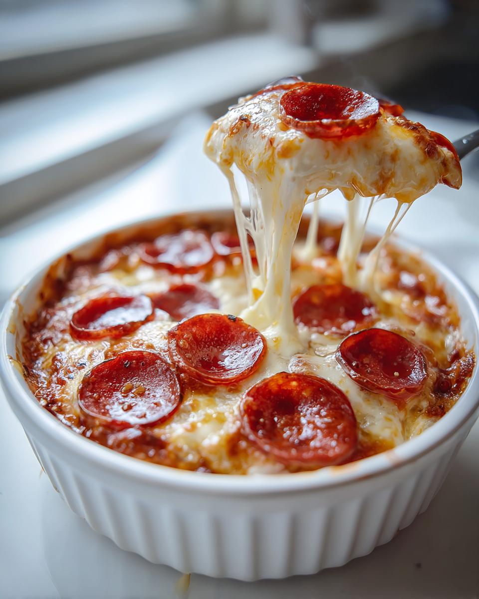 A scoop of a bubbly, cheesy Cottage Cheese Pizza Bowl topped with pepperoni slices and melted mozzarella.