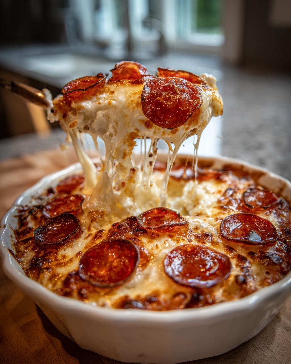 A scoop of cheesy Cottage Cheese Pizza Bowl with melted mozzarella and pepperoni slices.